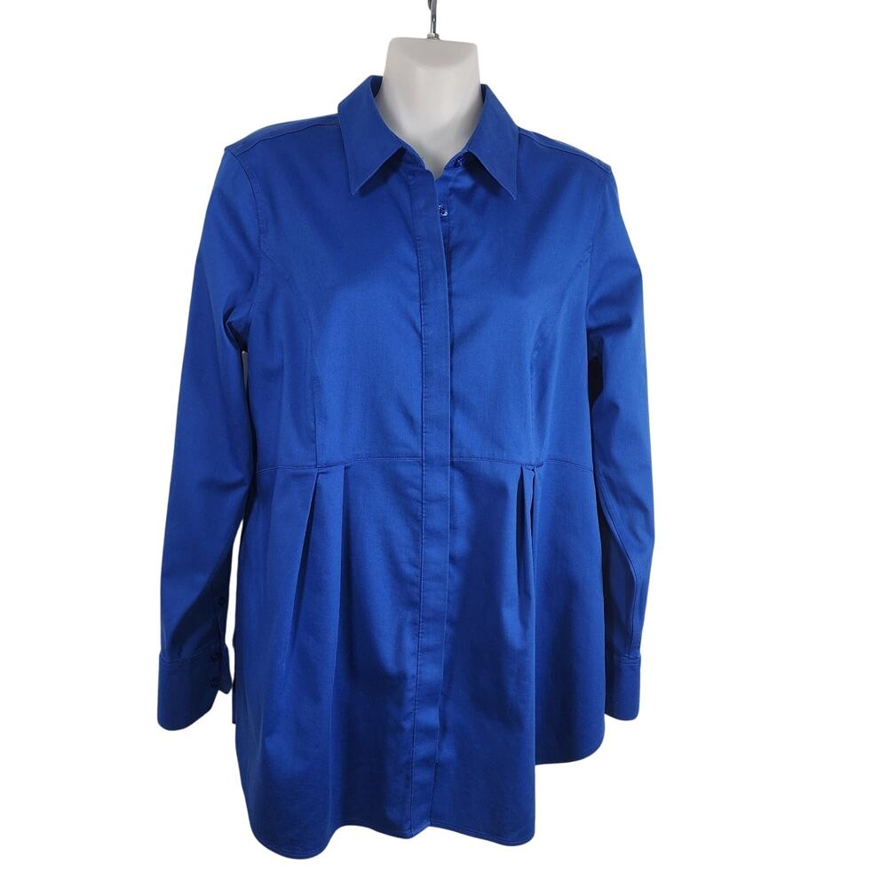 Chico's Womens No Iron Peplum Pleated Shirt Size 0 US 4 Blue Button Down Relaxed